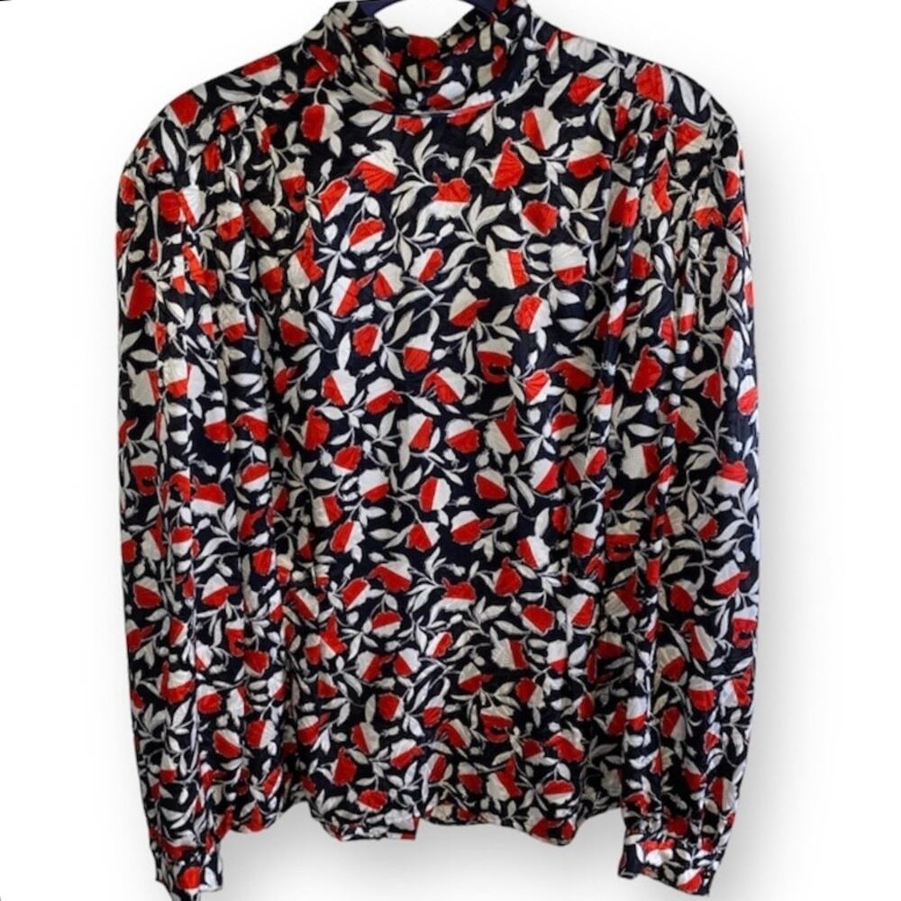 LLOYD WILLIAMS Vintage Blouse Black Red White Satin Size 10 Button Bang